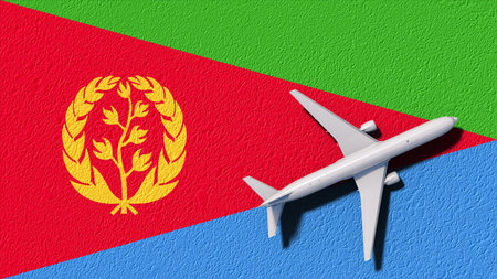 Eritrea National Flag And Airplane Fly. Aircraft Flies To Country. Flight And Travel 3D Illustration.の写真素材