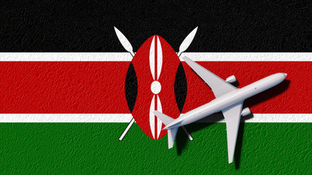 Kenya National Flag And Airplane Fly. Aircraft Flies To Country. Flight And Travel 3D Illustration.の写真素材