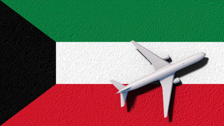 Kuwait National Flag And Airplane Fly. Aircraft Flies To Country. Flight And Travel 3D Illustration.の写真素材