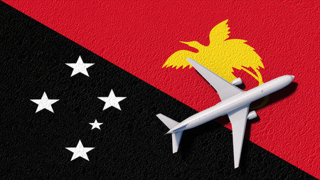 Papua New Guinea National Flag And Airplane Fly. Aircraft Flies To Country. Flight And Travel 3D Illustration.の写真素材