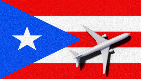 Puerto Rico National Flag And Airplane Fly. Aircraft Flies To Country. Flight And Travel 3D Illustration.の写真素材
