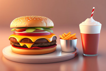 Hamburger with French fries and milkshake. 3d renderの素材