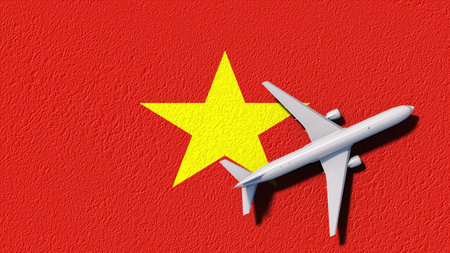 Vietnam National Flag And Airplane Fly. Aircraft Flies To Country. Flight And Travel 3D Illustration.の写真素材