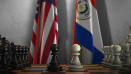 Paraguay and USA National Flags with Chess Board 3D Illustration. Politics of Government or Conflict of Countries Concept.の写真素材