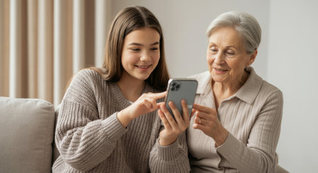 Young girl is looking at a cell phone with her grandmother. The phone is a Samsung. The girl is touching the screenの素材