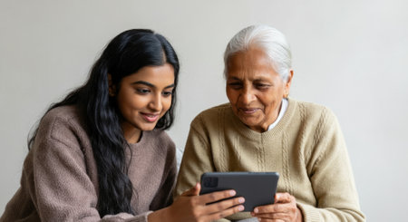 Woman is looking at a tablet with a young woman beside her. The tablet is blackの素材
