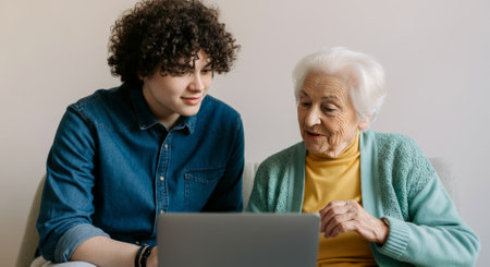 Young man and an older woman are looking at a laptop. The woman is wearing a yellow sweaterの素材