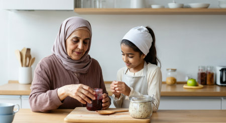 Woman and a girl are in a kitchen. The woman is holding a jar of jamの素材