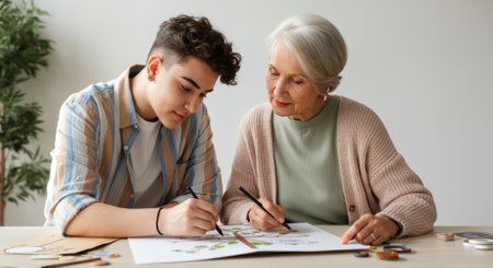 Man and a woman are drawing a tree on a piece of paper. The man is drawing the tree while the woman is looking at himの素材
