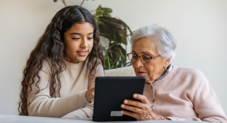 Woman and a girl are looking at a tablet. The woman is wearing glassesの素材