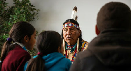 Man wearing a headdress is talking to a group of children. The children are sitting in front of himの素材