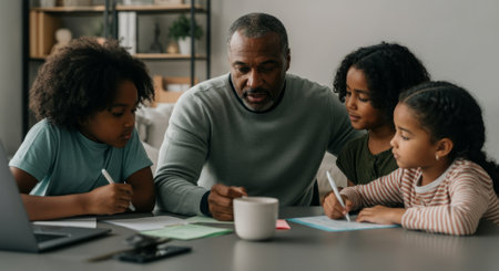 Man is sitting at a table with four children. The children are writing on paper. The man is looking at the children's workの素材