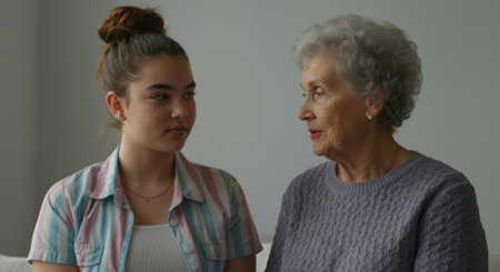 Young woman and an older woman are sitting on a couch. The older woman is wearing a purple sweaterの素材