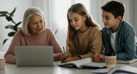 Woman is sitting at a table with two children. She is writing on a laptop while the children look onの素材