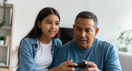 Man and a girl are playing a video game. The man is holding a controller. The girl is sitting on the man's lapの素材