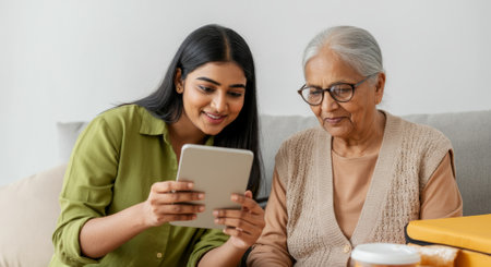 Woman is looking at a tablet with a woman next to her. The tablet is on the woman's lapの素材