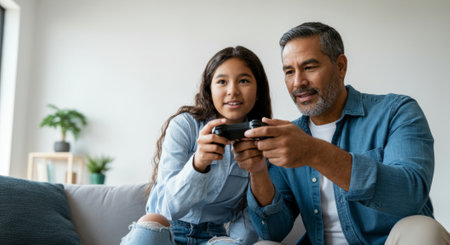 Man and a girl are playing a video game. The man is holding a controller and the girl is holding another controllerの素材