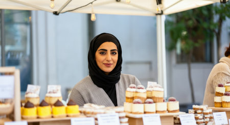 Woman in a black head scarf stands behind a table of pastries. There are many different types of pastries on display, including cakes and tartsの素材