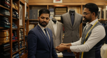 Man in a blue suit is getting his suit tailored. A man in a white shirt is helping himの素材
