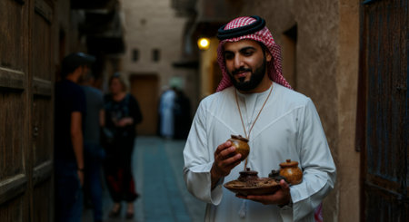 Man wearing a white robe and a red and white scarf is holding a plate with a small amount of food on itの素材