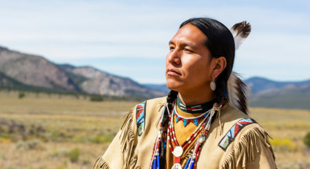 Man wearing a traditional Indian outfit stands in a field. He is wearing a feather headdress and has a necklace around his neckの素材