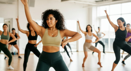 Woman is dancing in a group of people. She is wearing a green top and black pantsの素材
