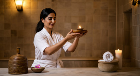 Woman is holding a candle in her hand. There are two candles on the table. A vase is on the table as wellの素材