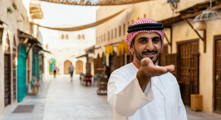 Man wearing a white shirt and a red and white scarf is pointing at something. He is smilingの素材