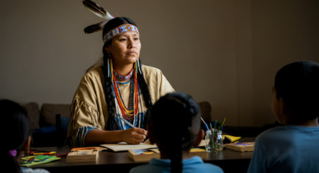 Woman in a headdress is sitting at a desk with children. There are two children sitting in front of herの素材