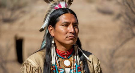 Man wearing a headdress and a necklace. He is standing in a desert. The man is wearing a necklace with a blue and white beadの素材