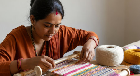 Woman is sitting at a table and working on a piece of fabric. She is using a wooden frame to hold the fabric in placeの素材