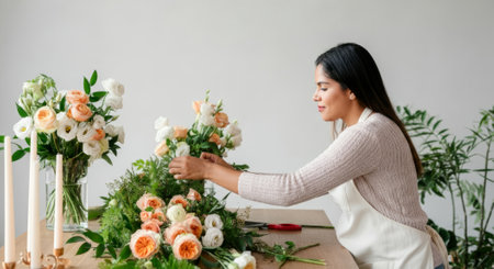 Woman is arranging flowers on a table. She is wearing an apron. There are several vases on the table, and a pair of scissorsの素材