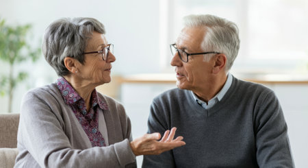 Man and a woman are sitting on a couch. The man is wearing glassesの素材