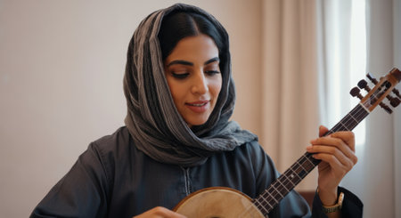Woman wearing a scarf is playing a guitar. She is smiling while playing. The guitar is a small oneの素材