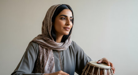Woman wearing a scarf is holding a drum. She is smiling. The drum is brown. The woman is wearing a gray dressの素材