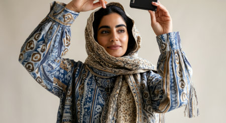 Woman wearing a blue and brown scarf is holding a cell phone. She is smiling. The scarf is on her headの素材
