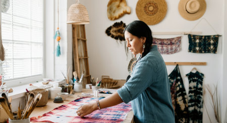 Woman is sitting at a table with a piece of fabric in front of her. She is working on a projectの素材