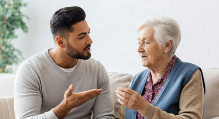 Young man and an elderly woman are sitting on a couch, engaged in conversation. The man is talking to the woman, and they seem to be having a friendly chat. The couch is located in a living roomの素材