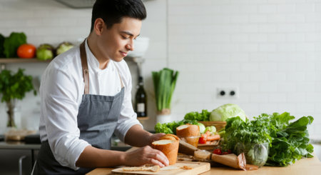 Man is preparing food in a kitchen. He is cutting vegetables and bread. There are several vegetables on the counter, including broccoli, carrots, and lettuceの素材