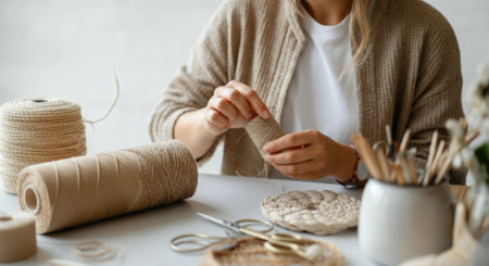 Woman is sitting at a table with a white shirt and a brown sweater. She is holding a piece of string and scissorsの素材