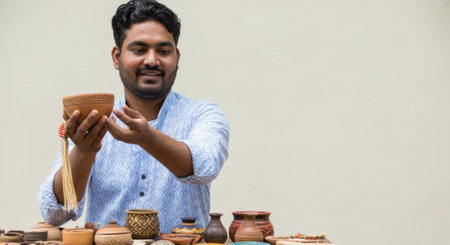 Man is holding a bowl in his hand. There are many bowls on the table. The man is smilingの素材
