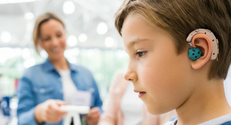Boy with a blue shirt and blue jeans is wearing a blue earpiece. A woman is standing behind himの素材