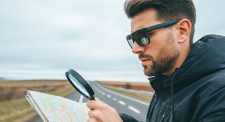 Man is looking at a map with a magnifying glass. He is wearing sunglasses and a black jacketの素材