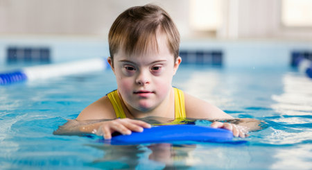 Girl with a disability is in a pool. She is holding a blue floatの素材