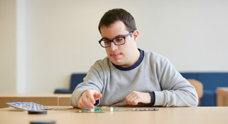 Man with glasses is sitting at a table playing a game. He is wearing a gray sweaterの素材