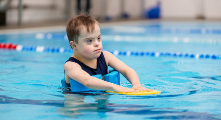 Boy with a disability is in a pool. He is wearing a blue top and a yellow floatの素材