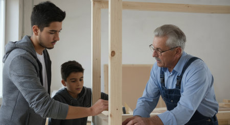 Man is helping two boys build a shelf. The man is wearing a blue shirt and blue overallsの素材