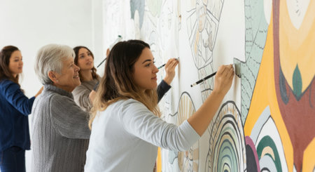 Group of people, including a woman and a man, are painting a wall together. The woman is using a brush to paint the wall, while the man is standing nearby, watching her workの素材