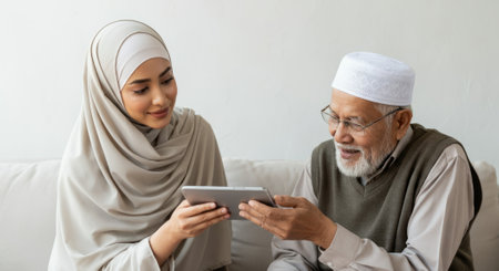 Woman and an older man are sitting on a couch and looking at a tablet. The woman is wearing a scarfの素材