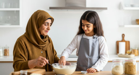Woman is making a dessert with a young girl. The girl is wearing an apron. The dessert is in a bowlの素材
